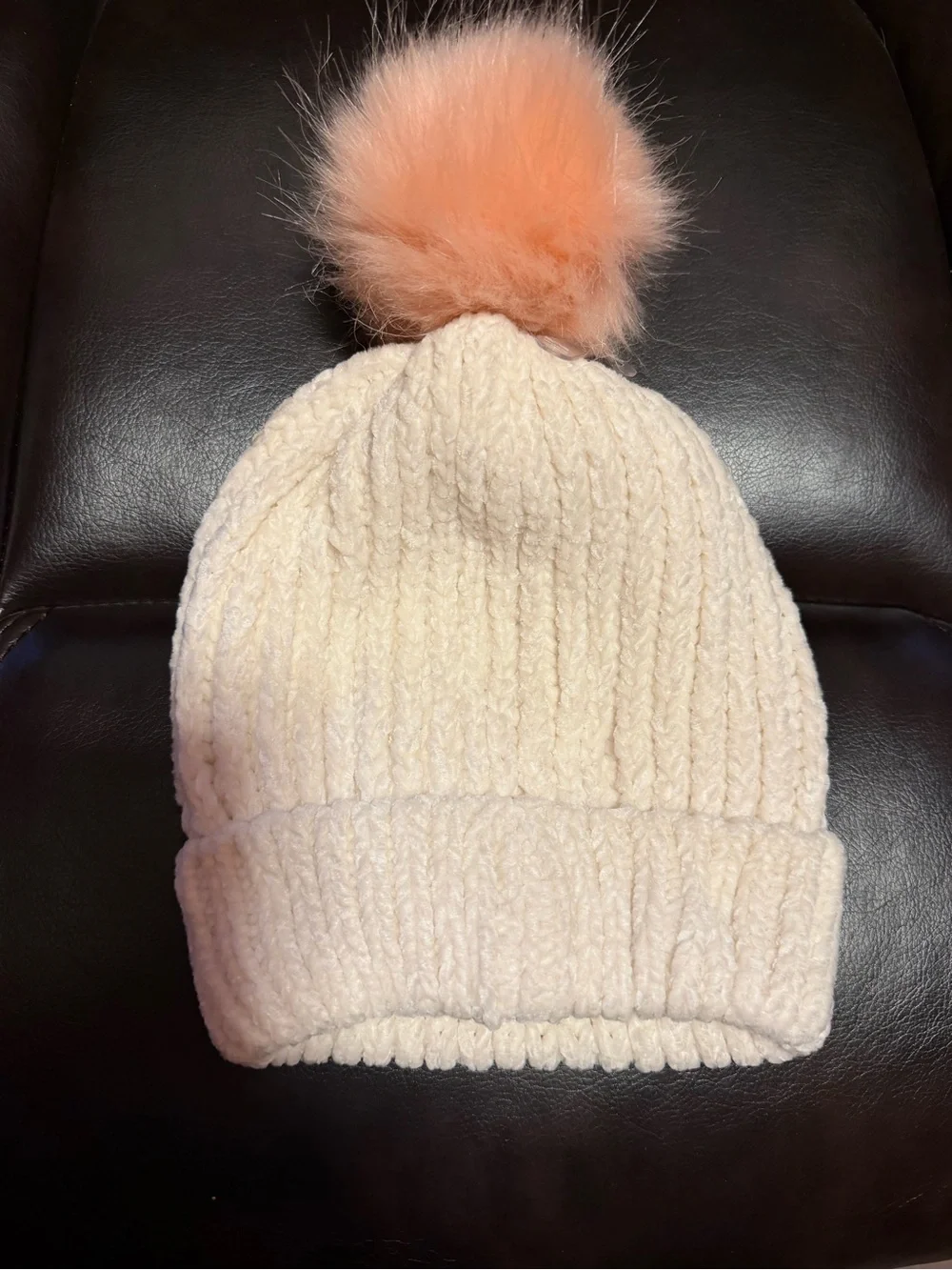 Justice Cream Knit Beanie with Pink Pom and Glitter 'C'